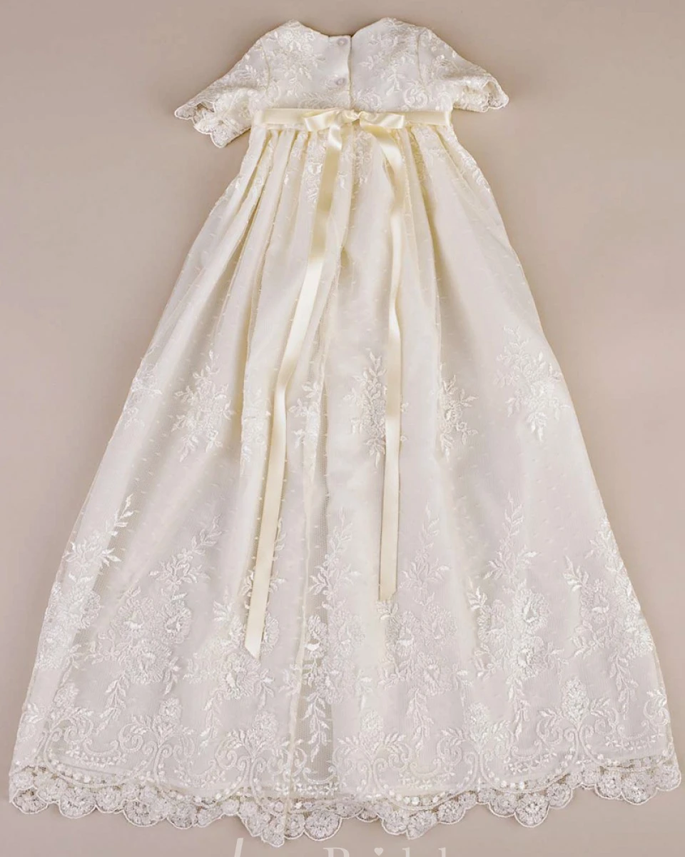 Lace Appliqued Christening Gown With Buttons And Bow