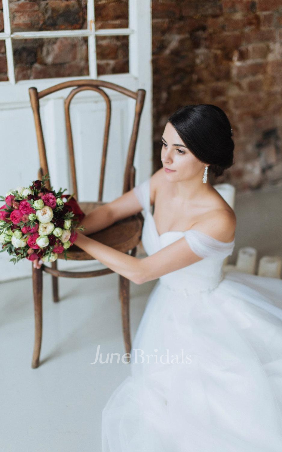 Off-The-Shoulder Tulle Ball Gown Floor-Length Dress - June Bridals