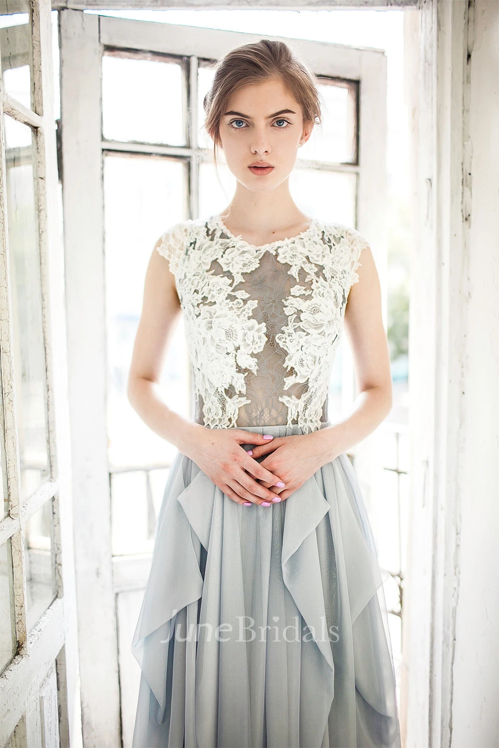 Jewel-Neck Sleeveless A-Line Chiffon Draped Dress With Lace Appliqued Top