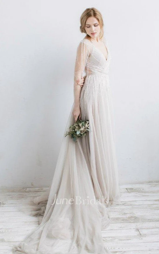 Long Sleeve V-Neck Illusion Tulle Weddig Dress With Beading