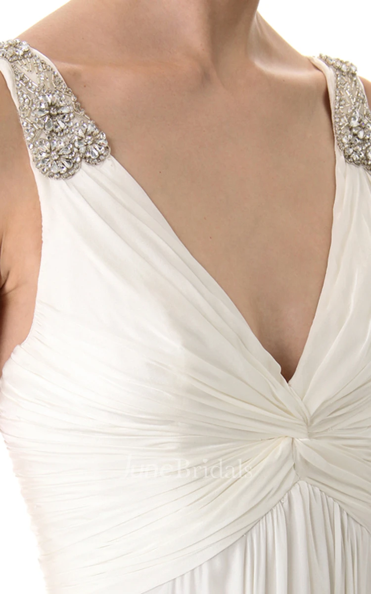 Deep-V Neckline Empire Chiffon Floor-length Dress With Broad Straps