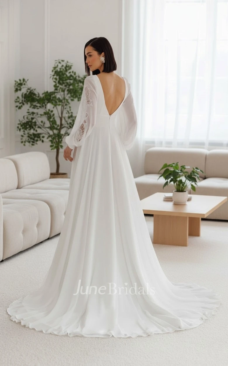 Romantic A-Line Long Puff Sleeves Lace Flower Wedding Dress Modern Flowy Chiffon Plunge Deep V Back Bridal Gown
