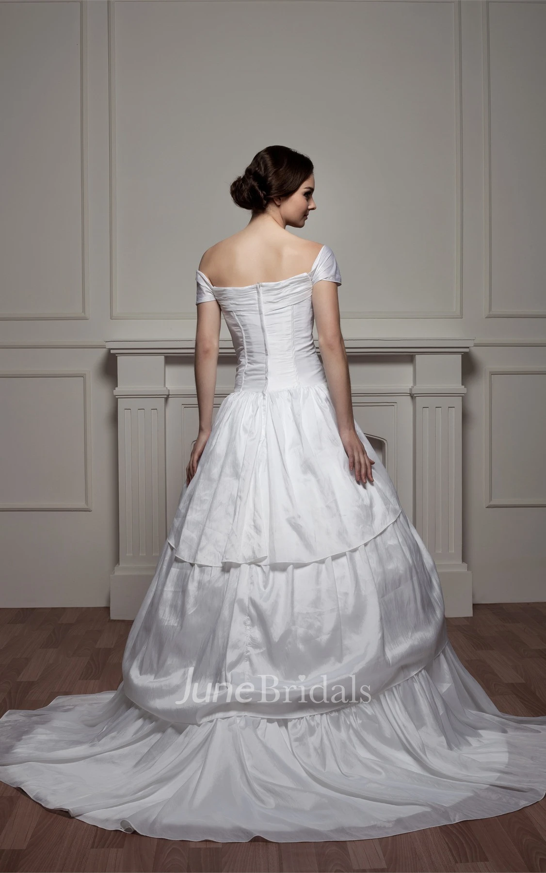 Off-The-Shoulder A-Line Gown with Ruching and Court Train