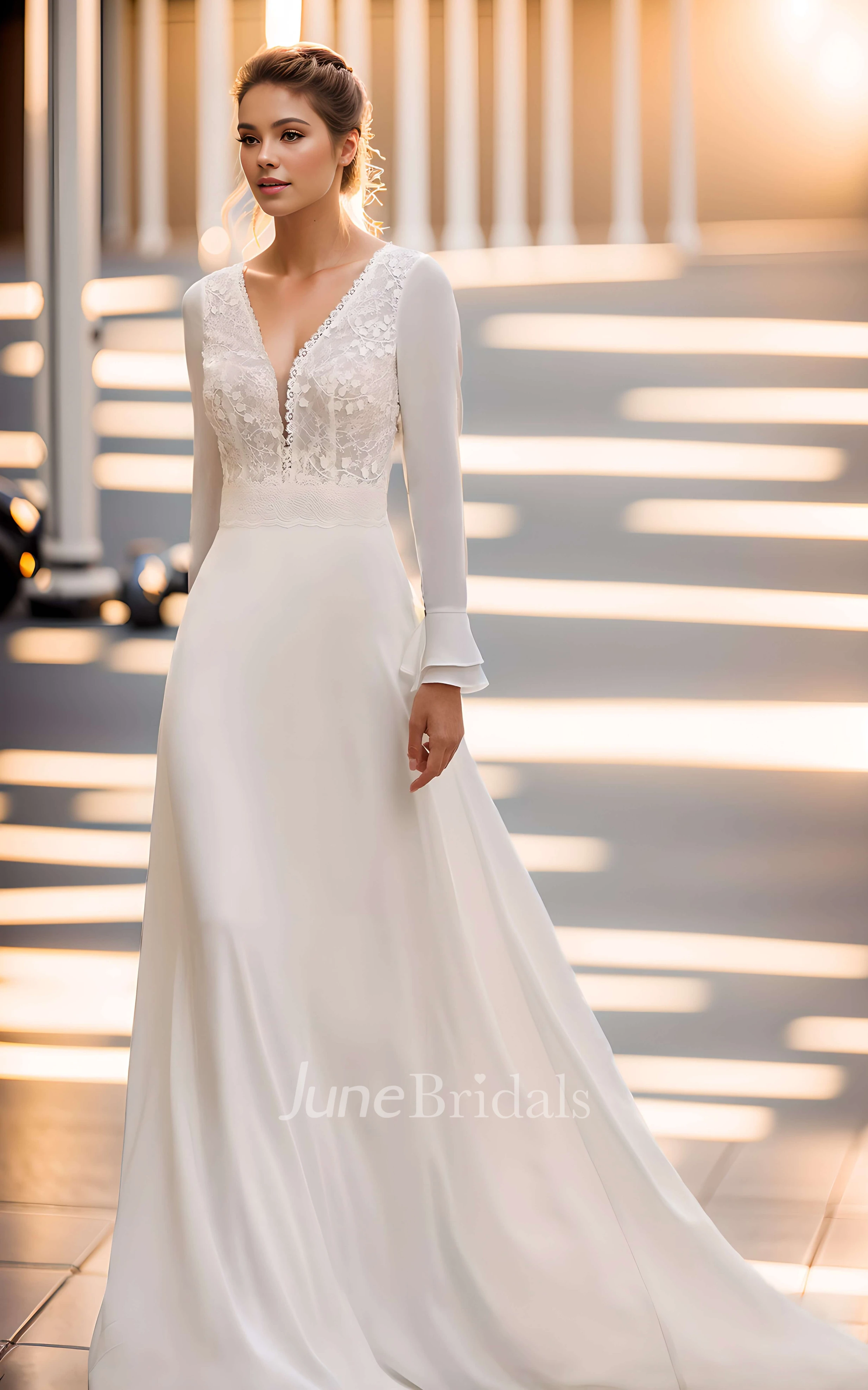 Vintage Elegant A-Line Plunging Neckline Floor-length Lace Chiffon Warm Wedding Dress Ethereal Romantic Peplum Long Sleeve Bridal Gown with Button Back Train