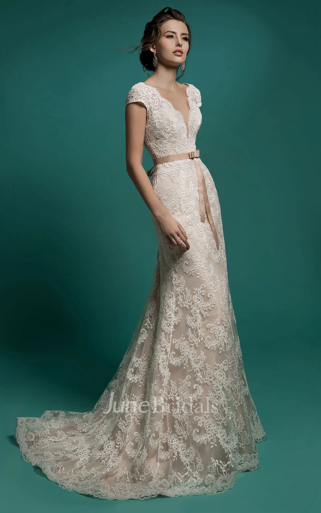 Mermaid Floor-Length V-Neck Cap-Sleeve Zipper Lace Dress With Sash And Detachable Train