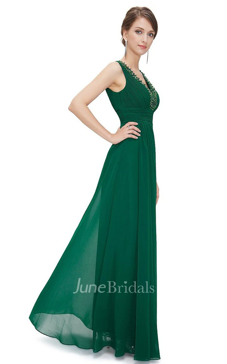 Sleeveless V-neck A-line Beaded Chiffon Gown