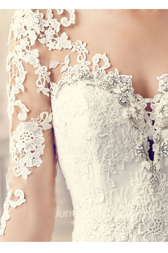 V-Neck Maxi Long-Sleeve Appliqued Lace Wedding Dress With Sweep Train And Illusion