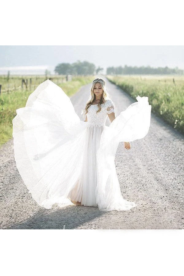  Bohemian Lace Appliques Tulle A-line Wedding Dress With Ruching And Short Sleeve