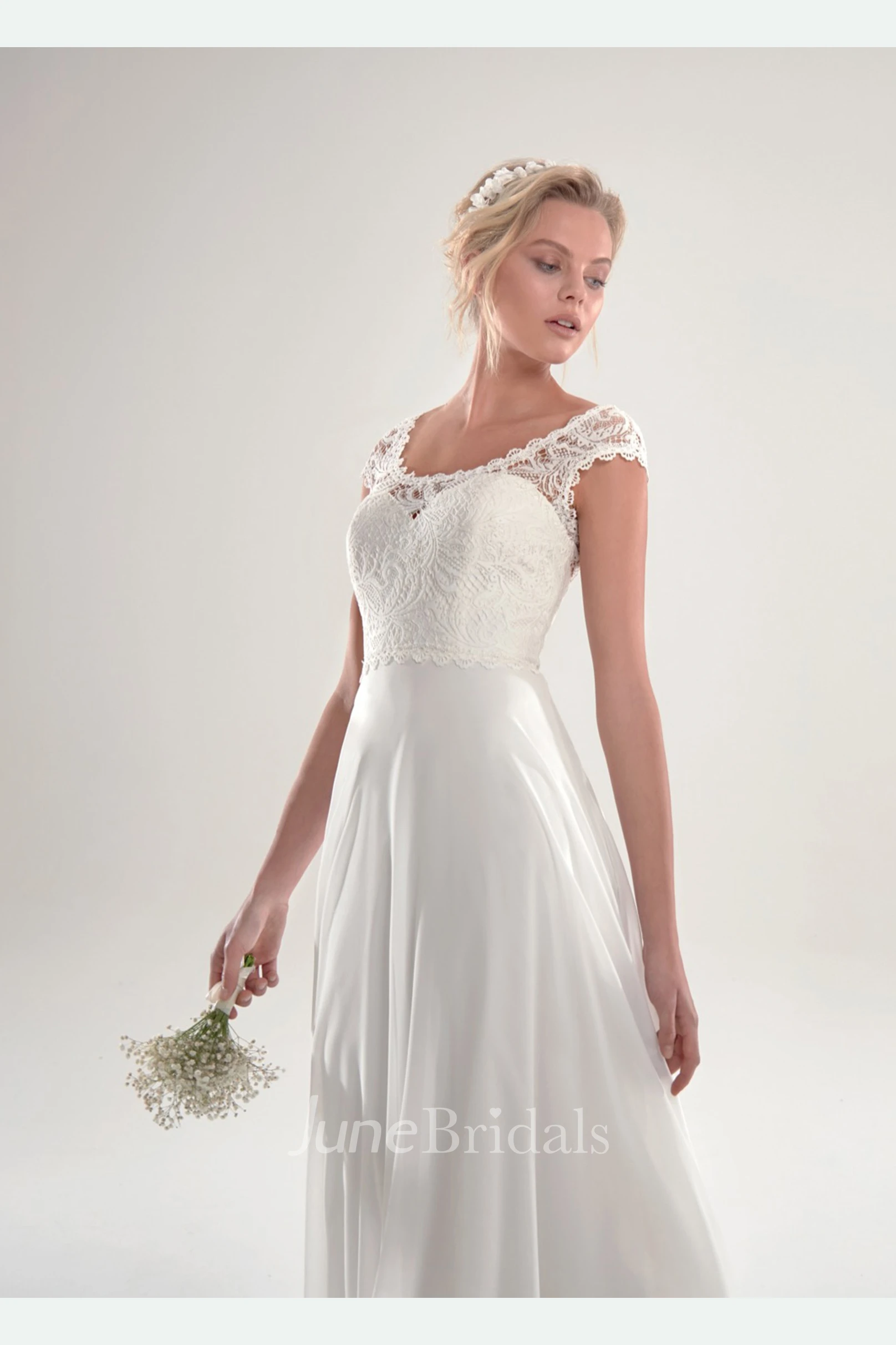 Graceful Short Sleeve Chapel Train Bridal Gown With Open Back