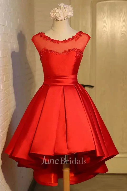 A-line Bateau Cap Short Sleeve High-low Satin Prom Dress with Appliques and Beading