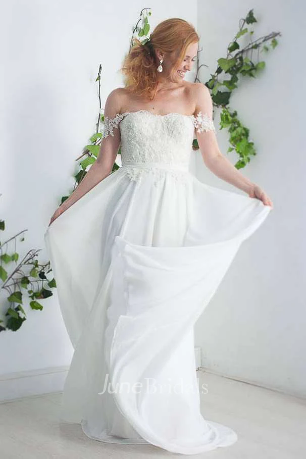Chiffon Satin Beaded Lace Button Wedding Dress
