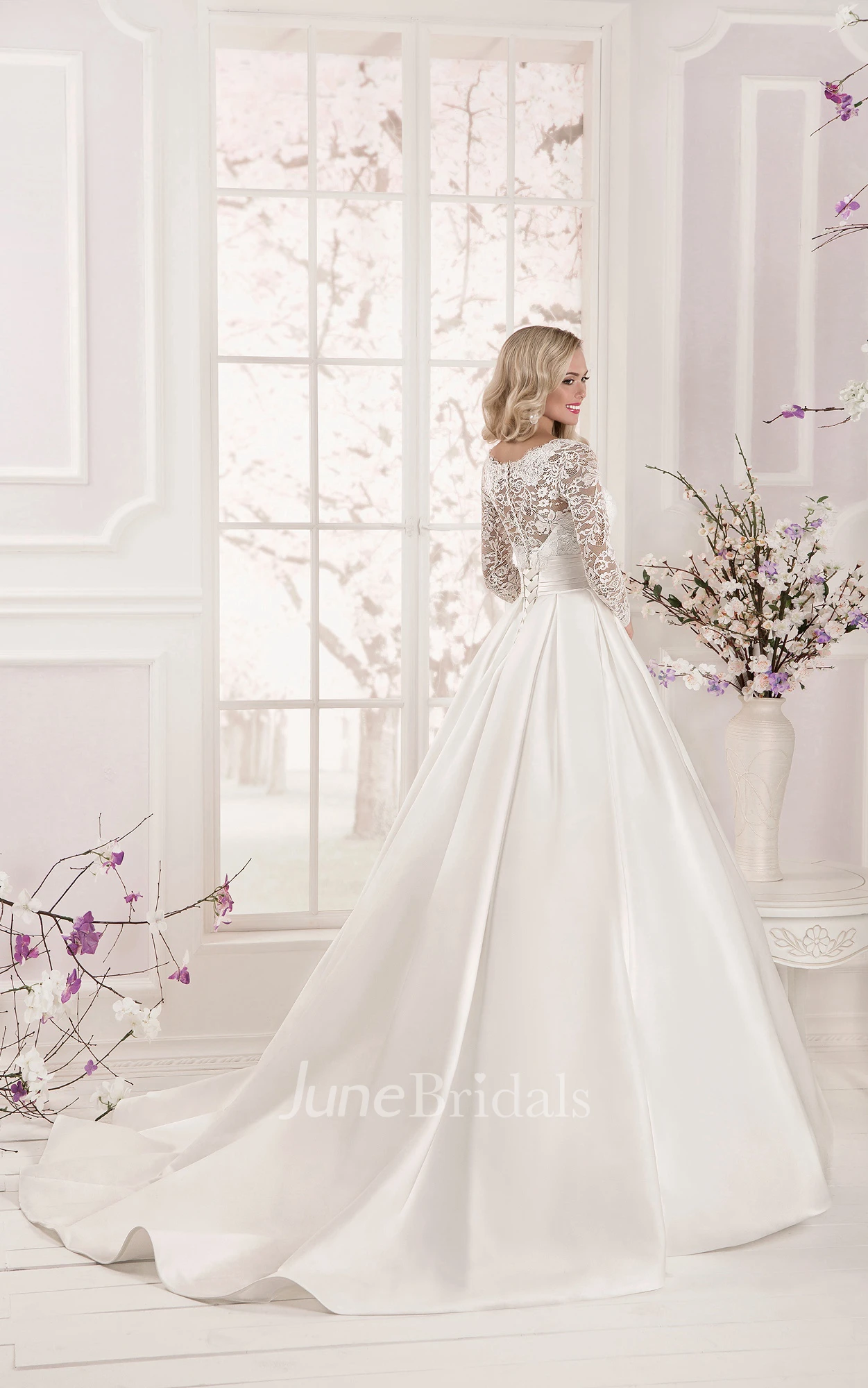 Lace Top Long Sleeve Floor Length Satin Applique Dress - June Bridals