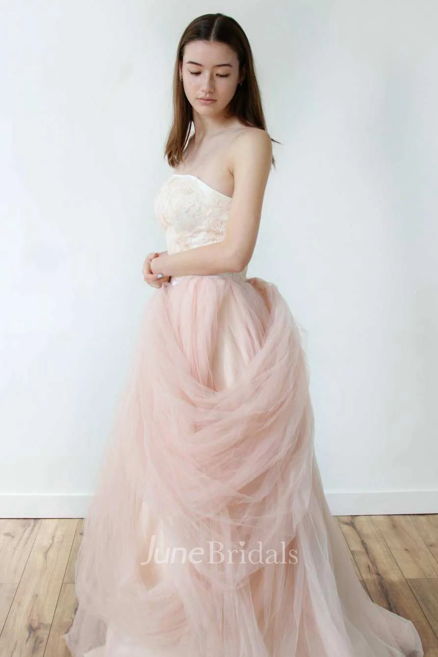 Strapless Tulle Pick Up A-Line Dress With Embroidered Top
