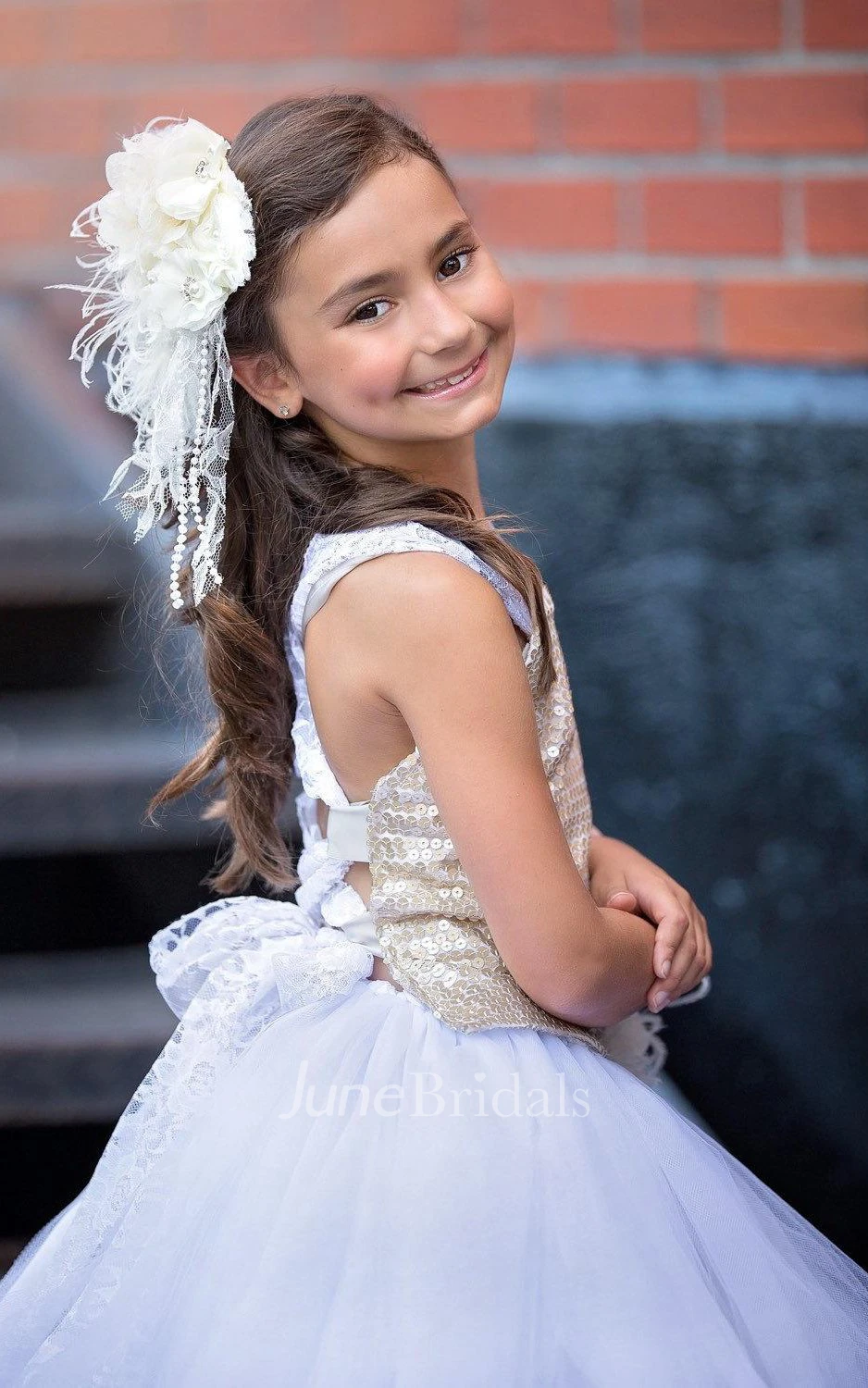 Lace Strapped Tulle Dress With Sequins&Flower&Sash Ribbon