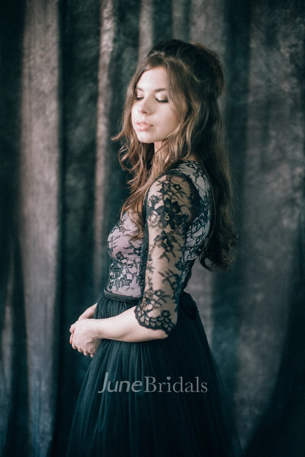 Sheath V-neck Floor-length Long Sleeve Illusion Low-V Back Lace Wedding Dress Black