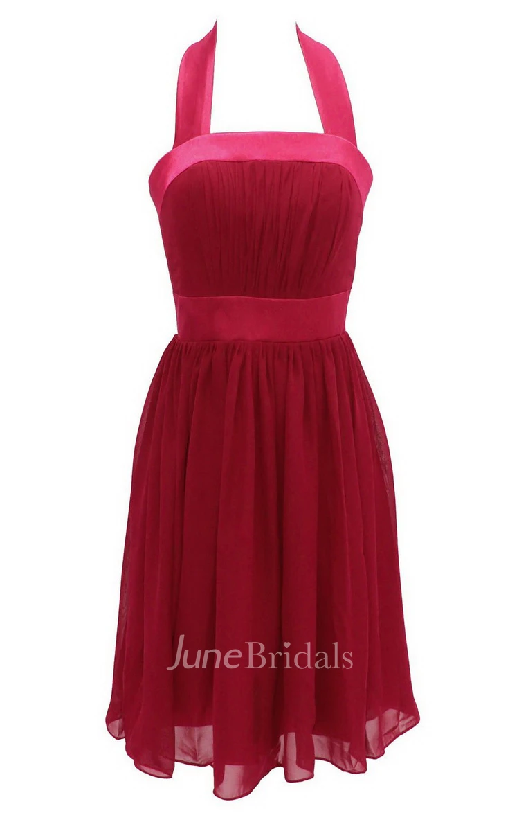 Halter Pleated Chiffon A-line Gown With Satin Band