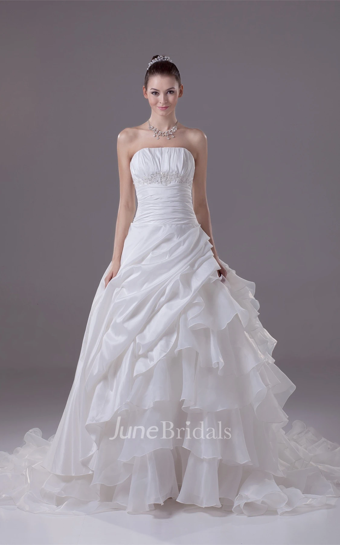 Strapless A-Line Ruched Gown with Cascading Ruffles and Cinched Waistband