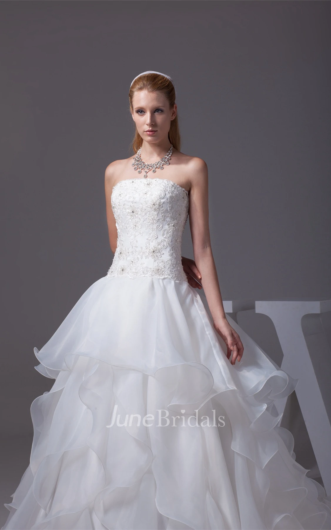 Strapless Ruffled Ball Gown with Appliques and Rhinestone