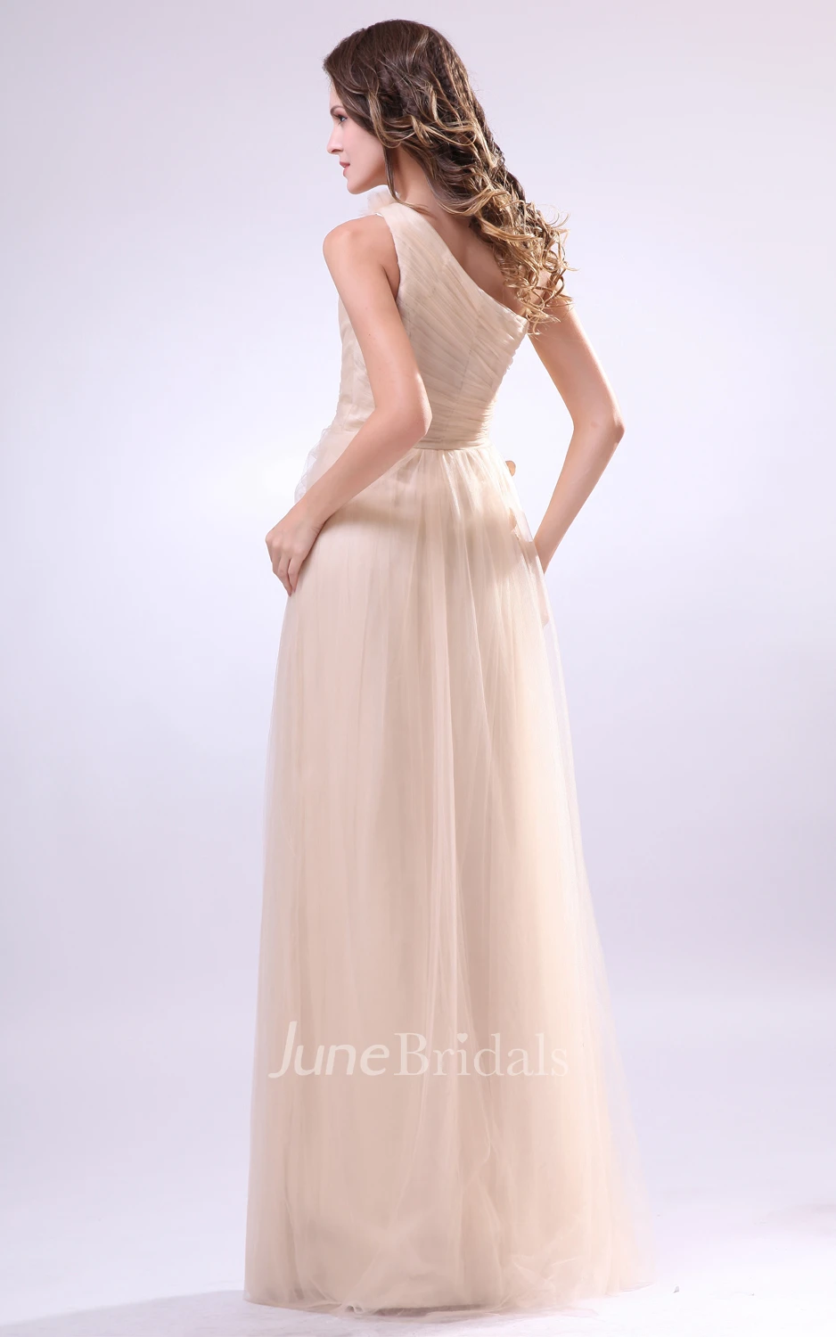 Pleated Asymmetrical One-Shoulder Dress With Soft Tulle And Flower