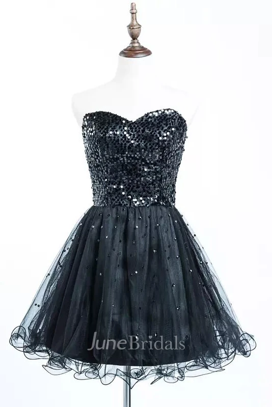 A-line Sweetheart Sleeveless Pleats Sequins Short Mini Tulle Sequins Homecoming Dress