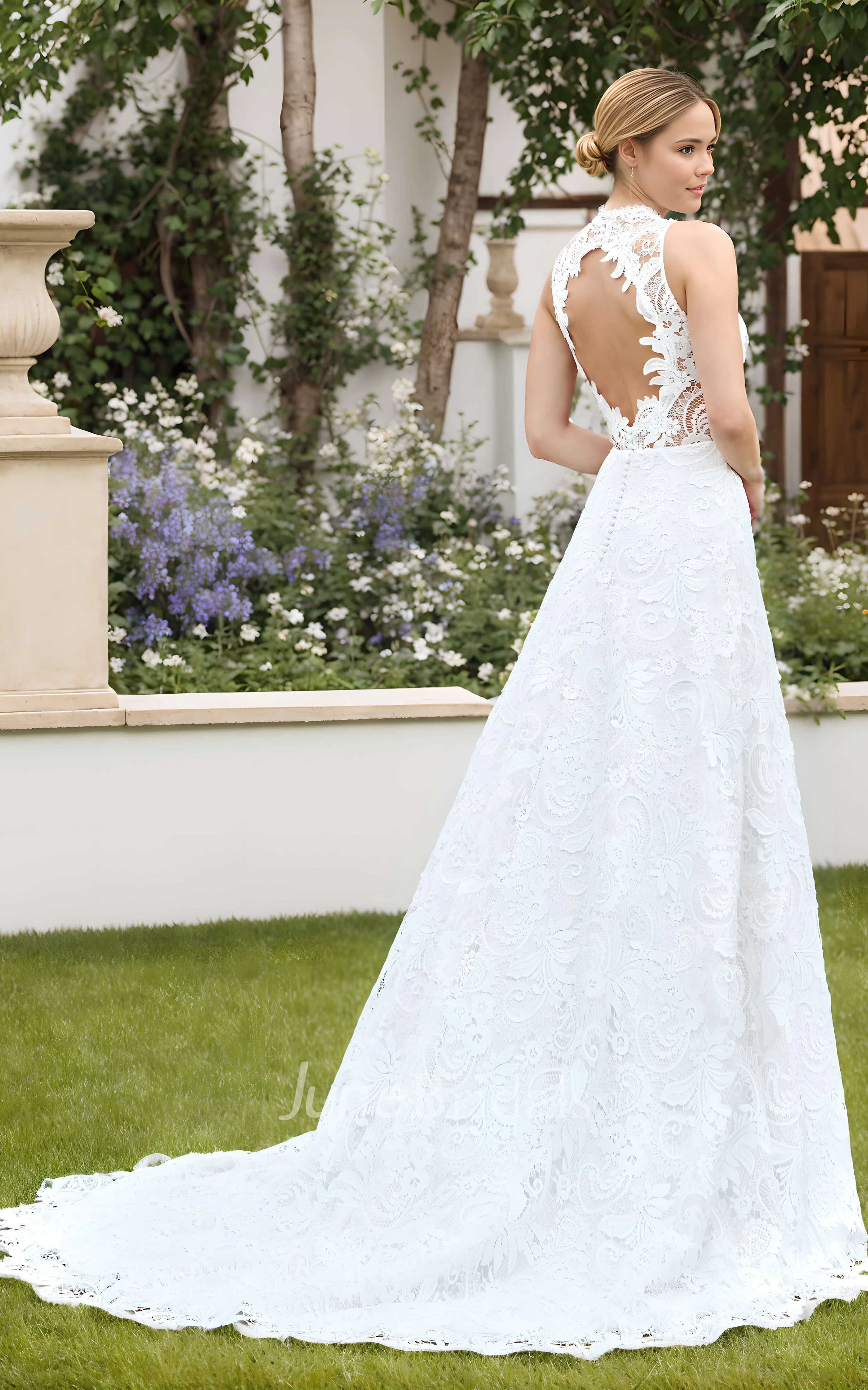 Bohemian A-Line High Neck Lace Appliques Spring Wedding Dress Floral Boho Beach Garden Sleeveless Bridal Gown