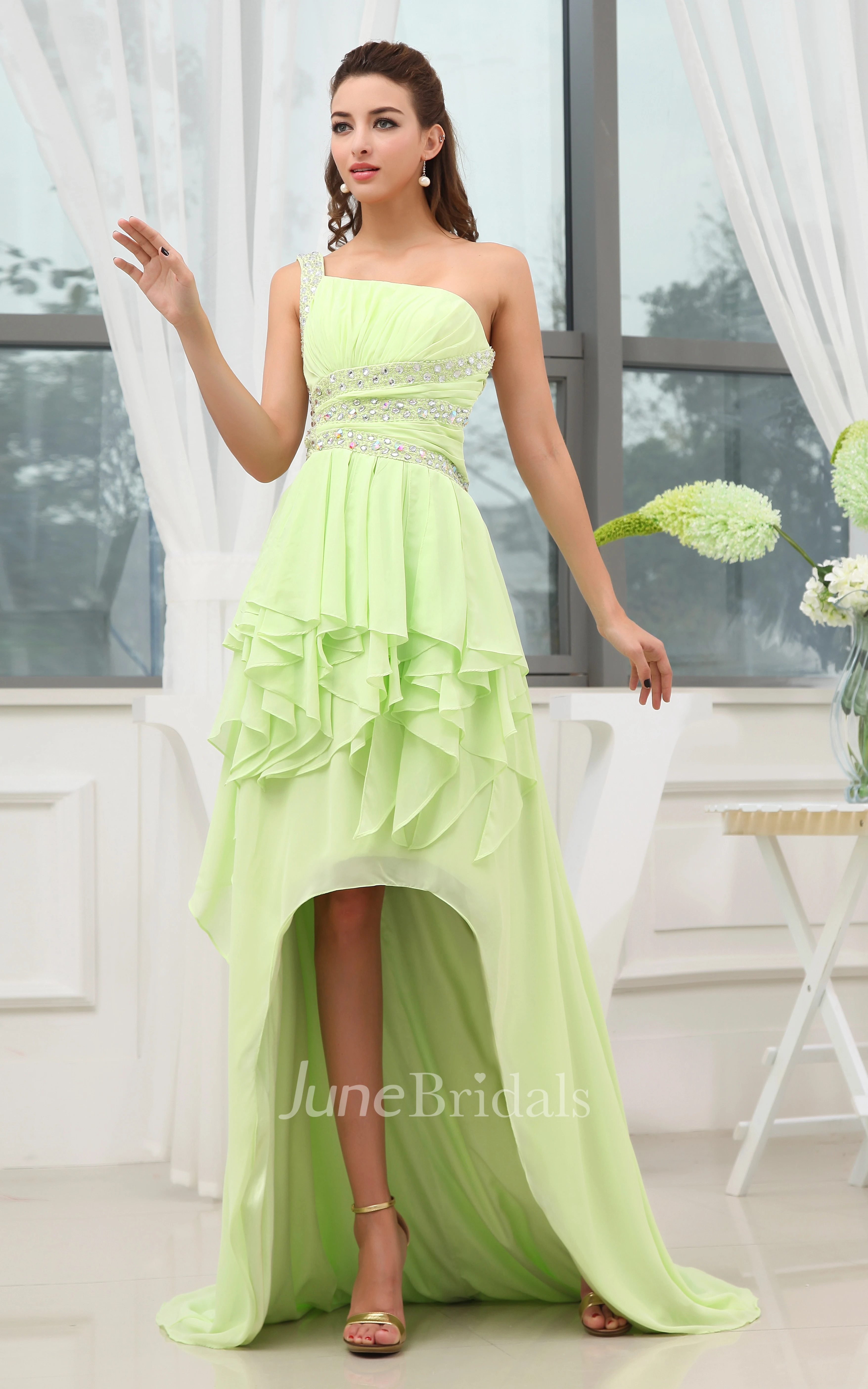 Chiffon High-Low Beaded Dress With Cascading Ruffles