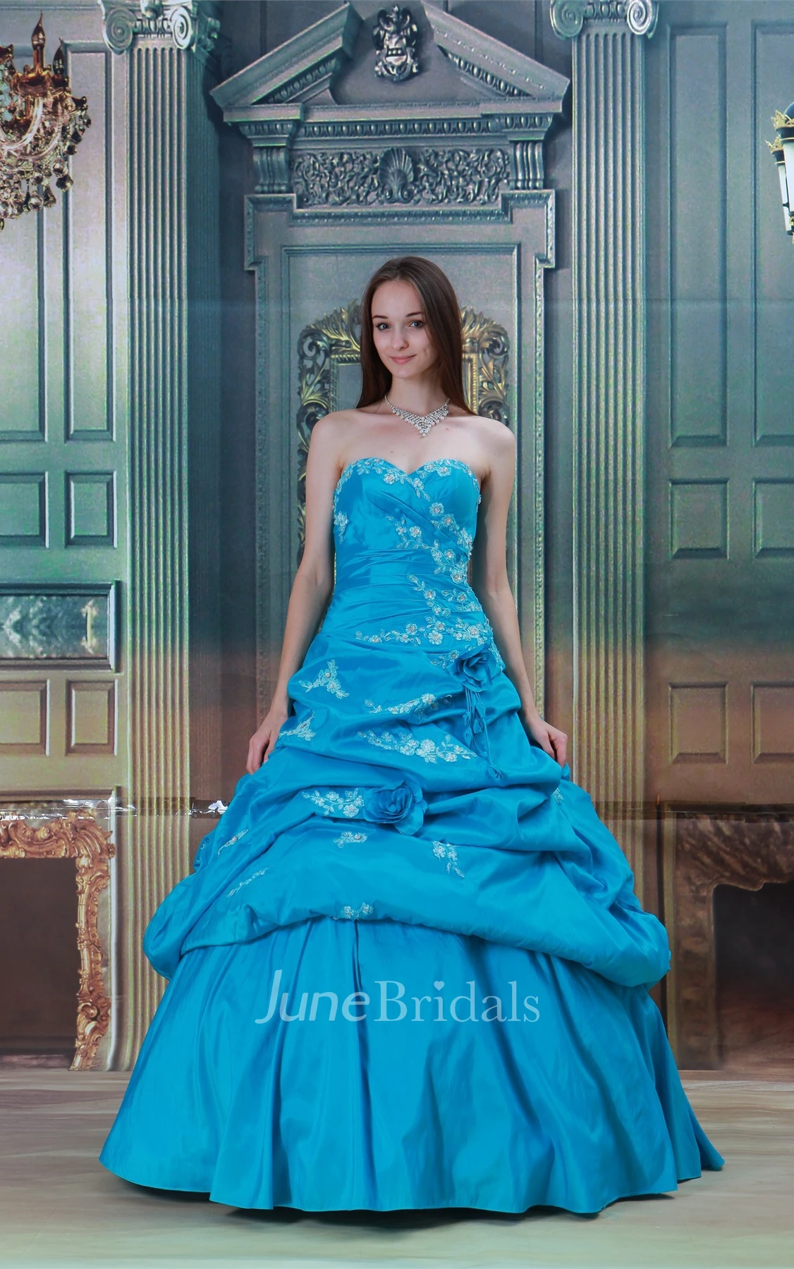 sweetheart a-line ball pick-up gown with flower and appliques