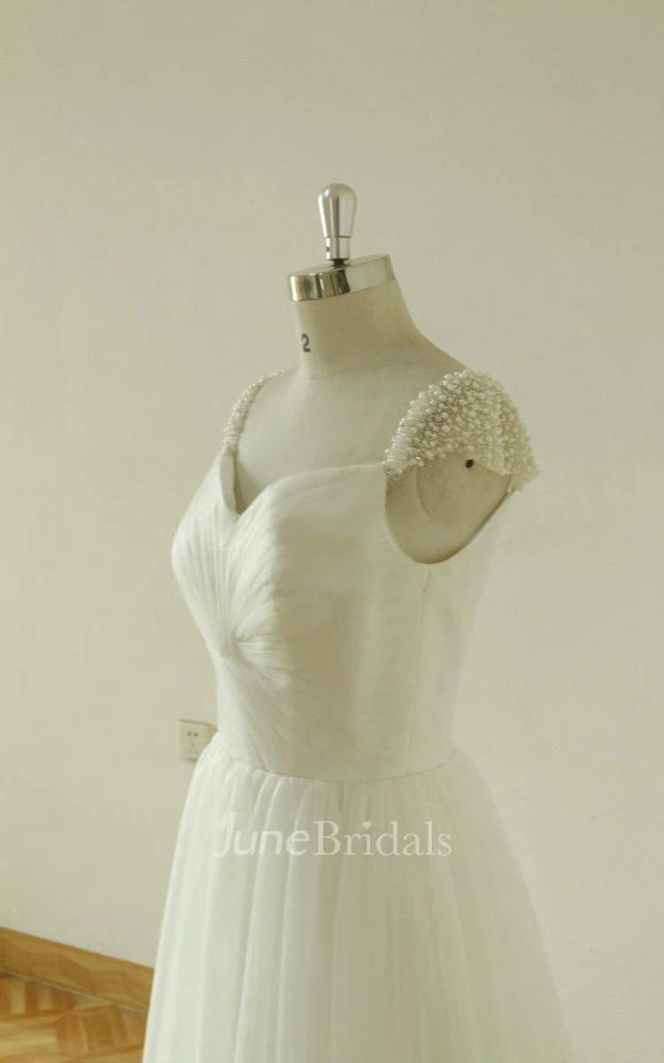 Notched Neck Low-V Back Tulle Wedding Dress With Beading And Pleats