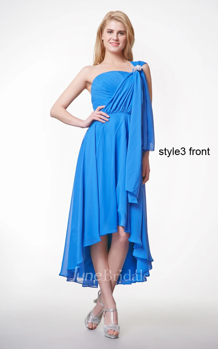 Short Sleeve Ruffled High Low Chiffon Dress With Sash