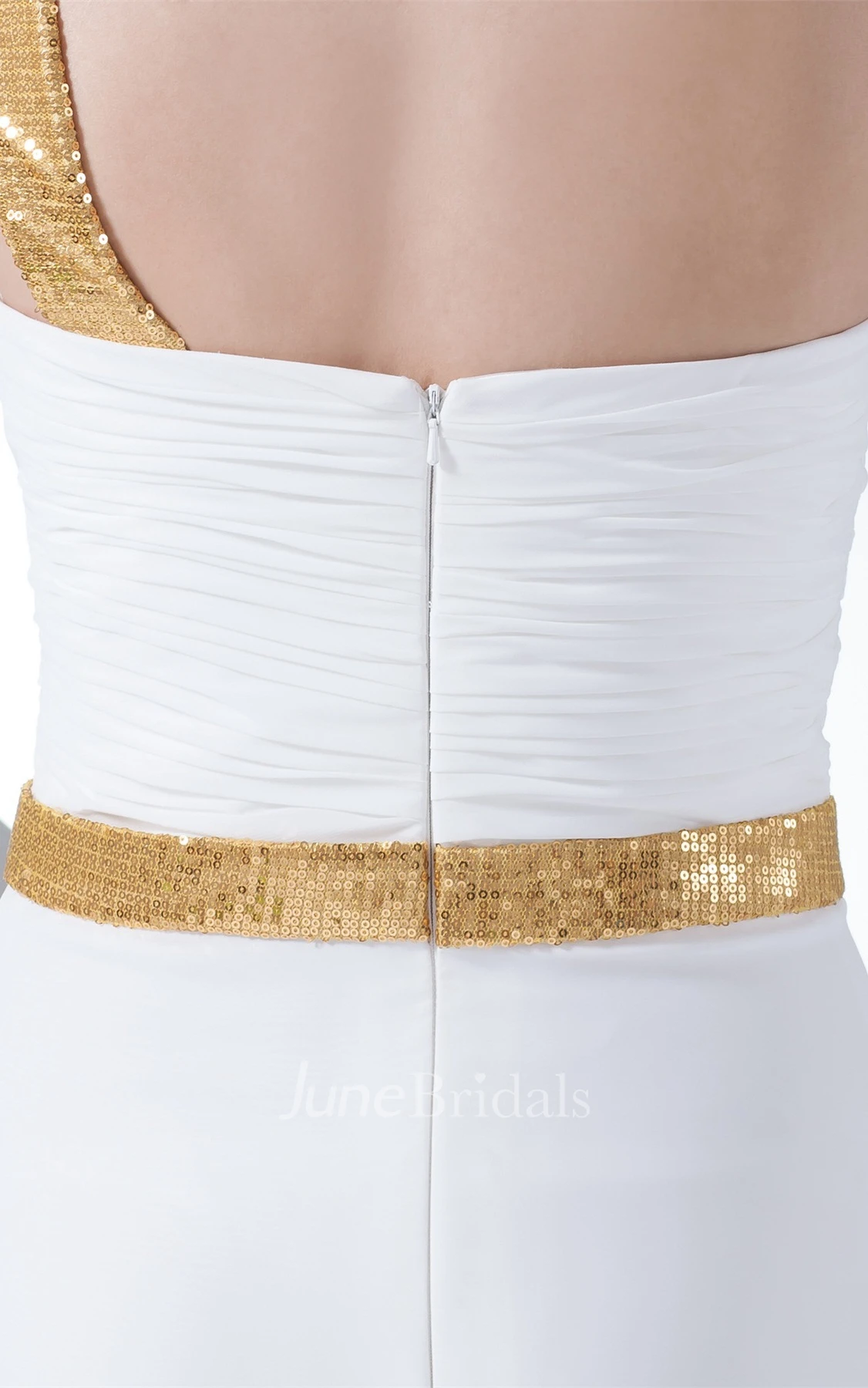 One-Shoulder Chiffon Front-Split Dress with Ruching and Sequins