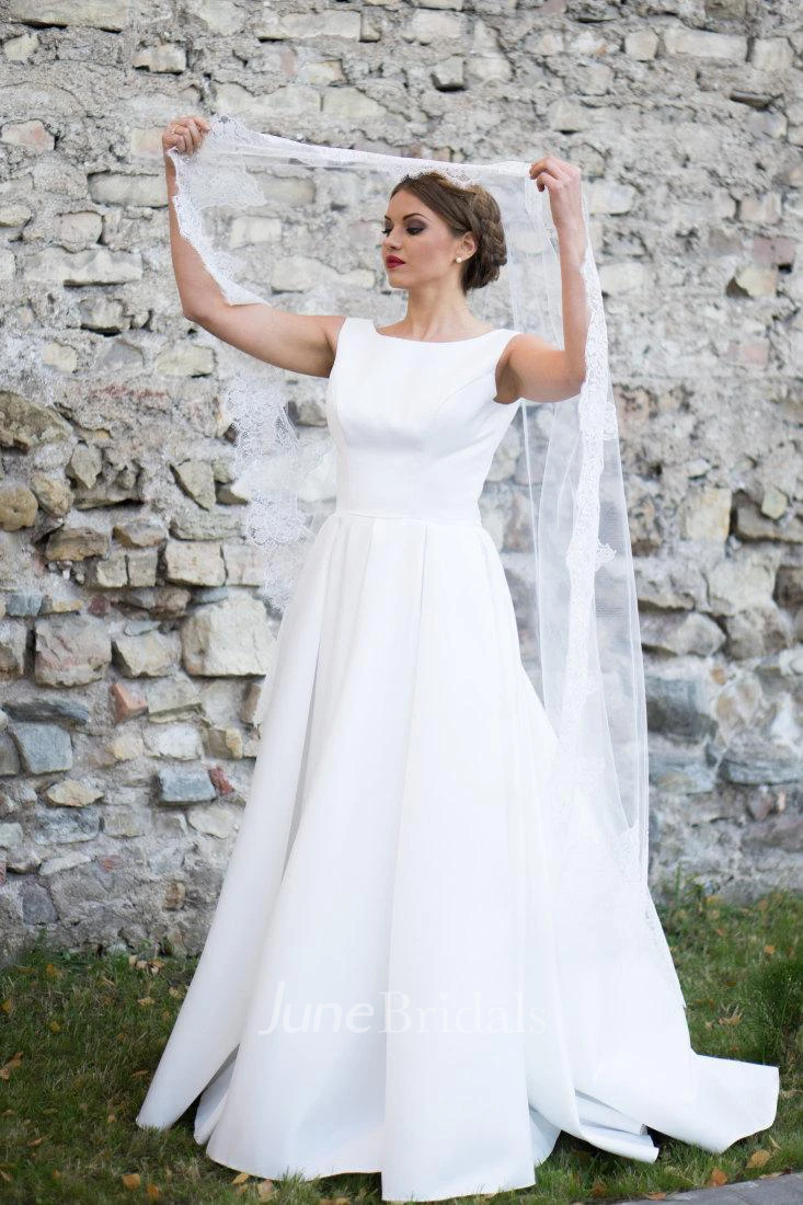 Bateau Neck Sleeveless A-Line Satin Wedding Dress With Pleats