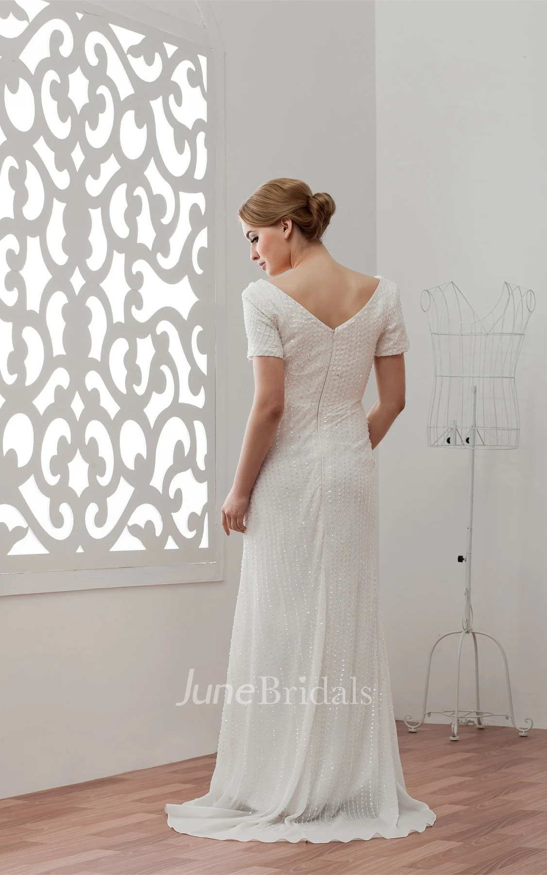 Short-Sleeve V-Neck Sheath Dress with Beading and Brush Train