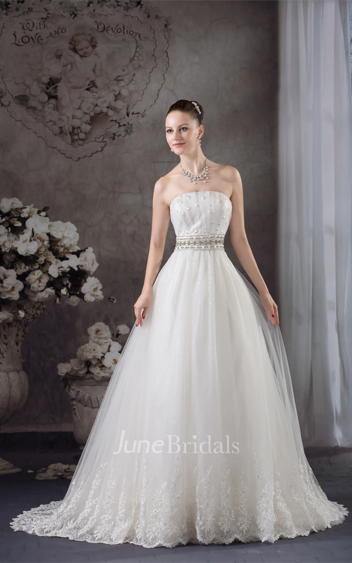 Strapless Tulle Jeweled Gown with Appliques and Corset Back