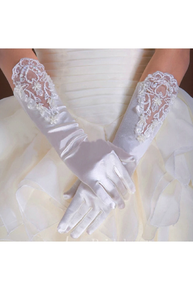 White Stretch Satin Long Length Sequins Beads Package Refers To Gloves