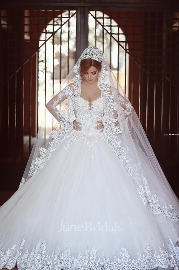 Gorgeous Long Sleeve Lace Ball Gown Wedding Dress With Train on Sale