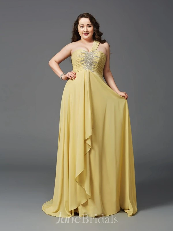 A-line Floor-length One-shoulder Sleeveless Chiffon Beading Ruching Draping Dress