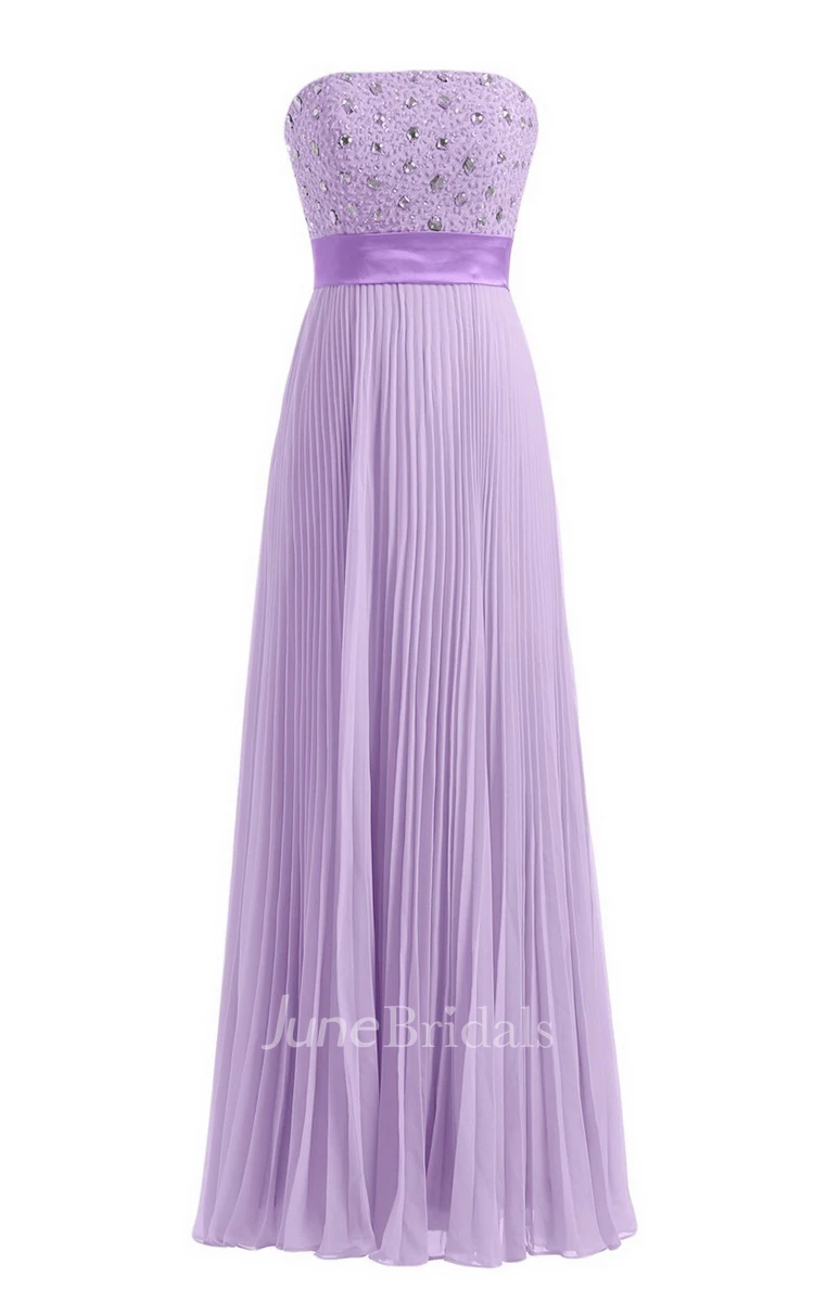 Strapless Empire Long Pleated Dress With Rhinestones