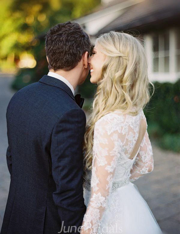Spring Long Sleeves Keyhole Back Lace Wedding Dress with Detachable Skirt