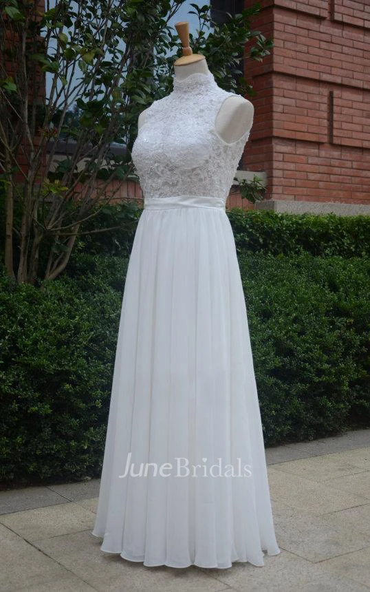 Long Chiffon Lace Weddig Dress With Beading Keyhole Back