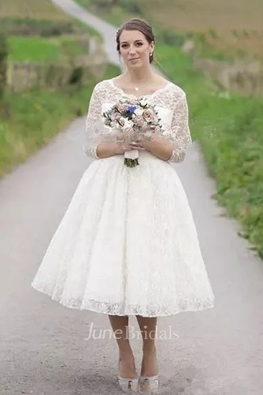 Tea-length Vintage Wedding Dress With 3/4 Illusion Lace Sleeve And Buttons