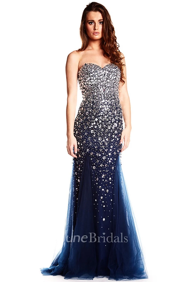 Sweetheart Floor-Length Crystal Tulle Prom Dress With V Back