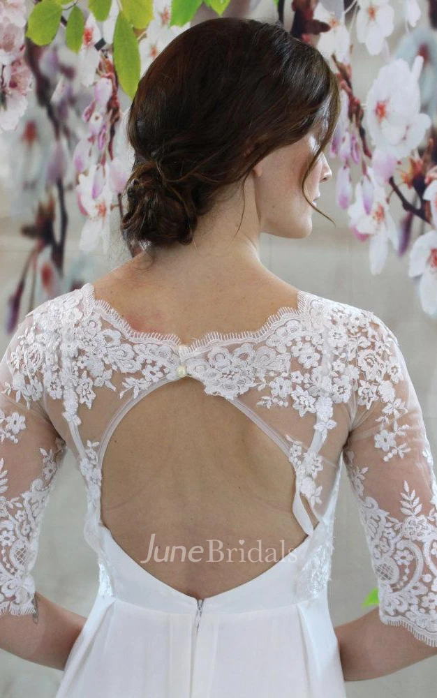 V-Neck Half Sleeve Lace and Chiffon Wedding Dress With Pleats