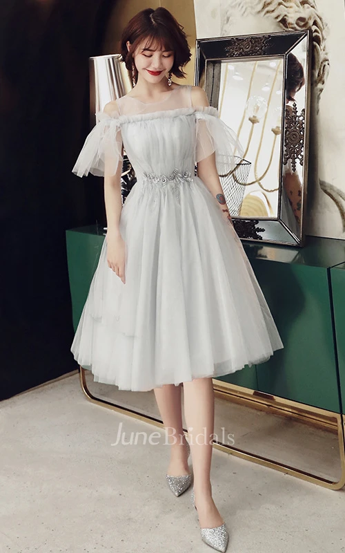 Elegant Tulle Off-the-shoulder A Line Prom Formal Dress With Appliques