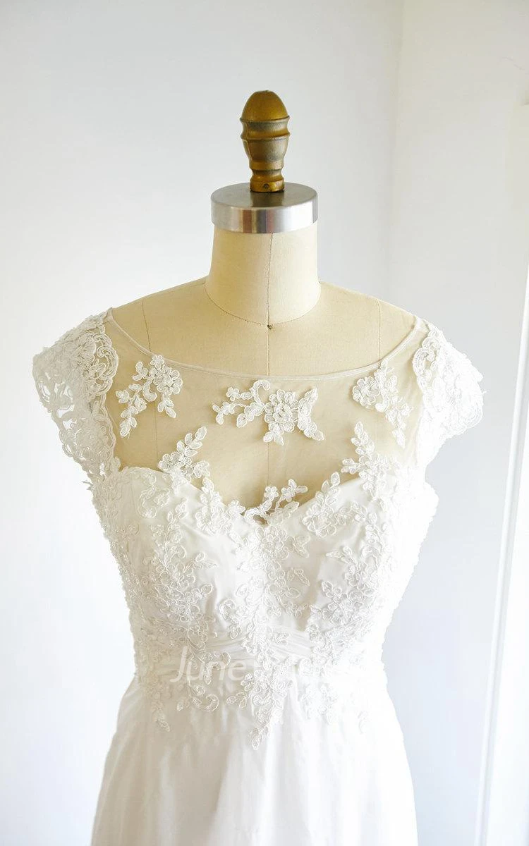 Cap Sleeve Chiffon Tulle Lace Satin Dress With Illusion