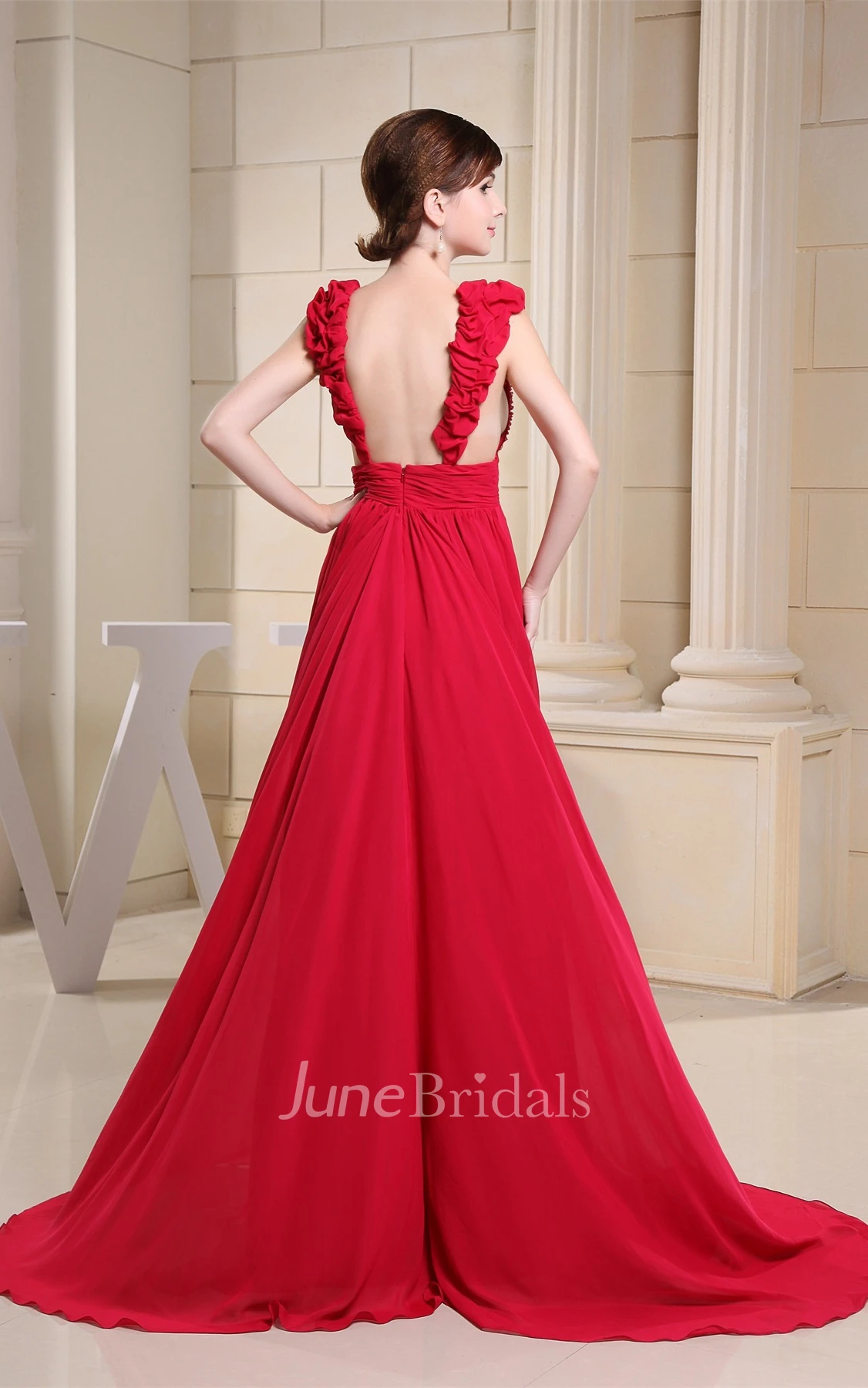 Plunged Chiffon Maxi Dress with Beading and Ruffled Straps