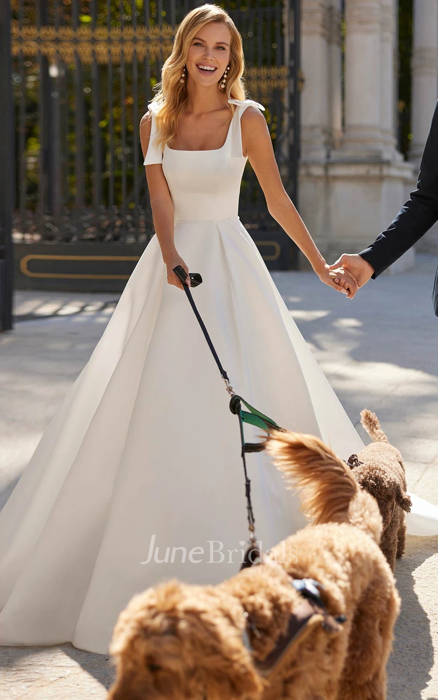 Minimalist Satin Wedding Dress A Line Sleeveless Square Neck Open Back Bridal Gown