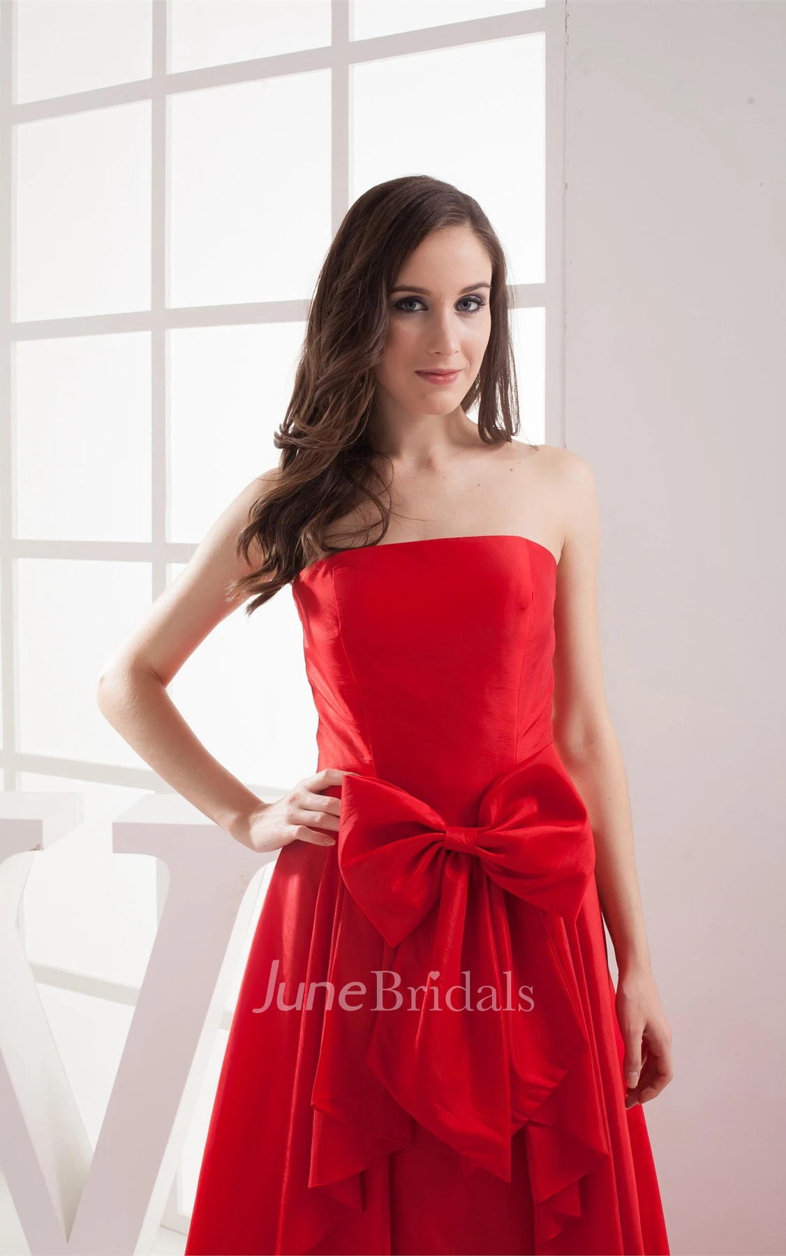 Strapless A-Line Chiffon Maxi Dress with Draping and Bow
