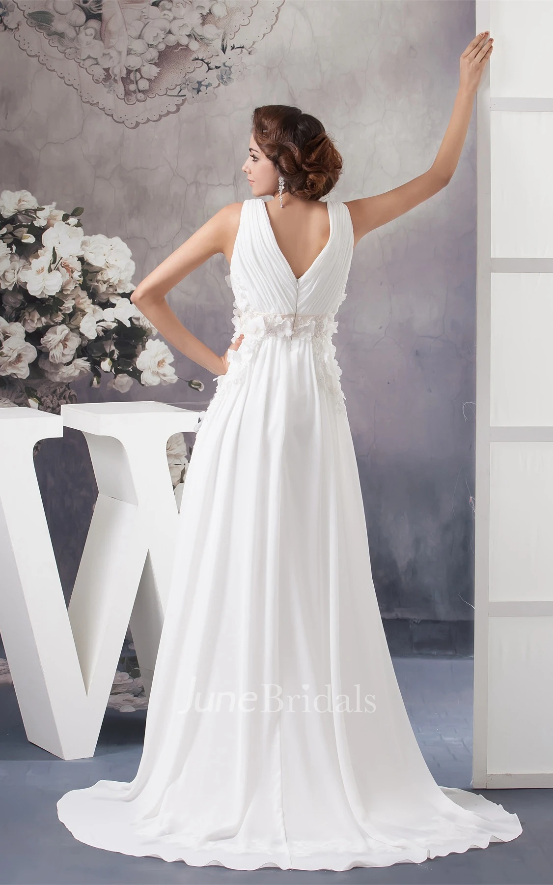 V-Neck Chiffon High-Low Dress with Ruching and Floral Waist