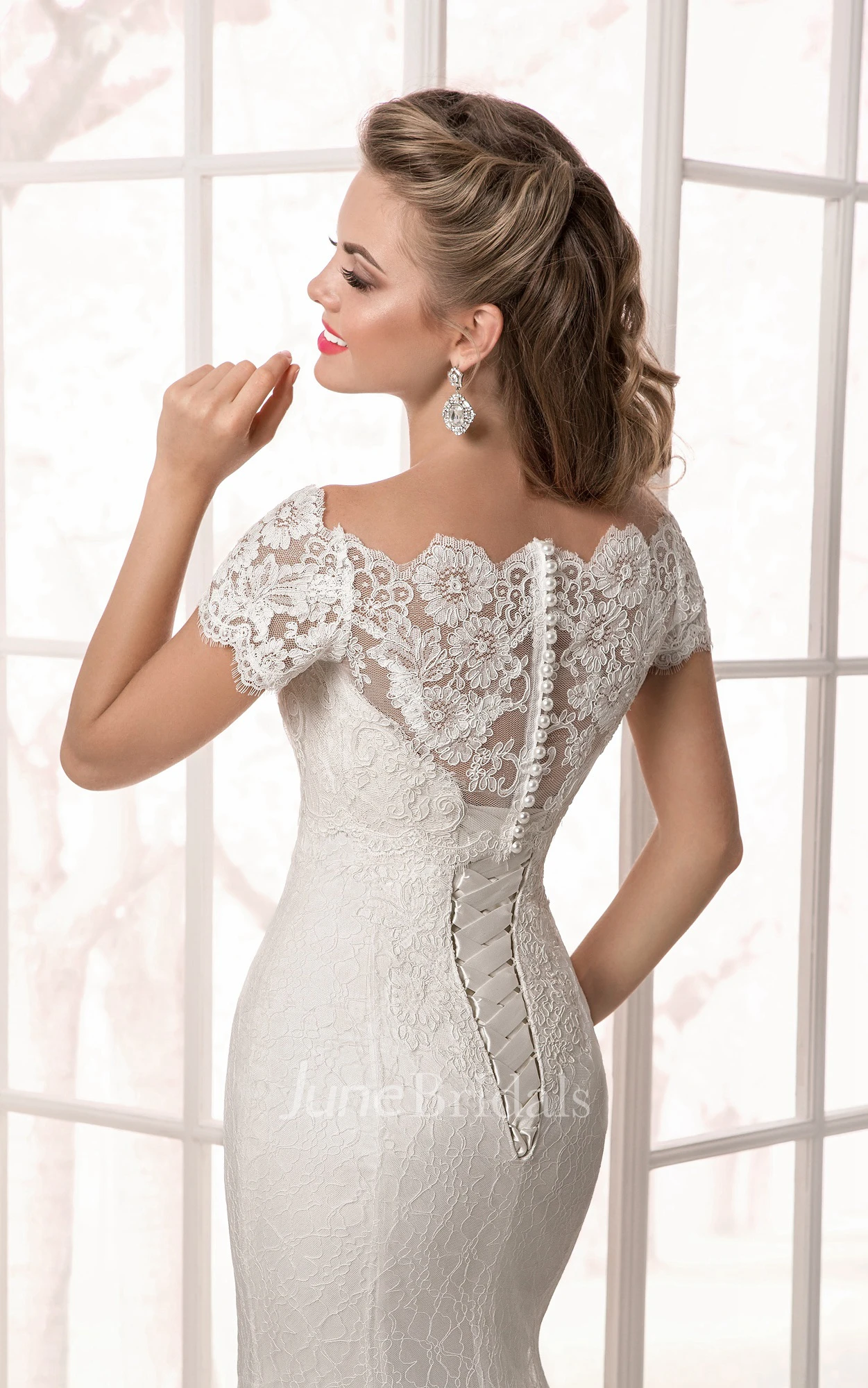 Floor Length Short Sleeve Lace Applique Sheath Dress