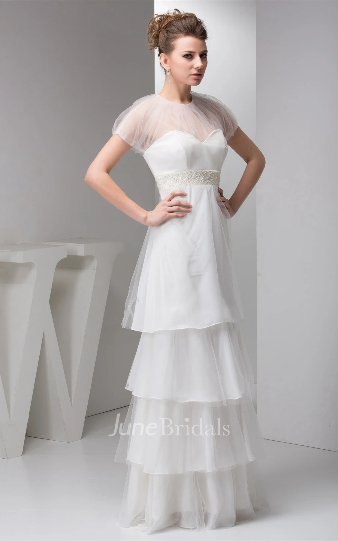 Short-Sleeve Tulle Tiered A-Line Dress with Illusion and Beaded Waist